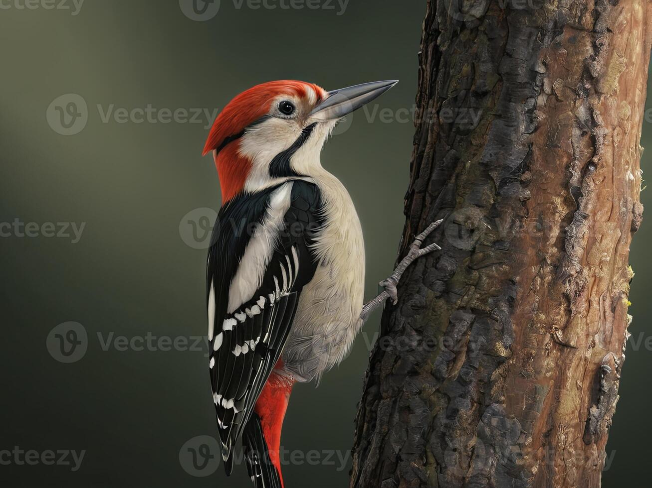 Great spotted woodpecker clinging to a tree trunk photo