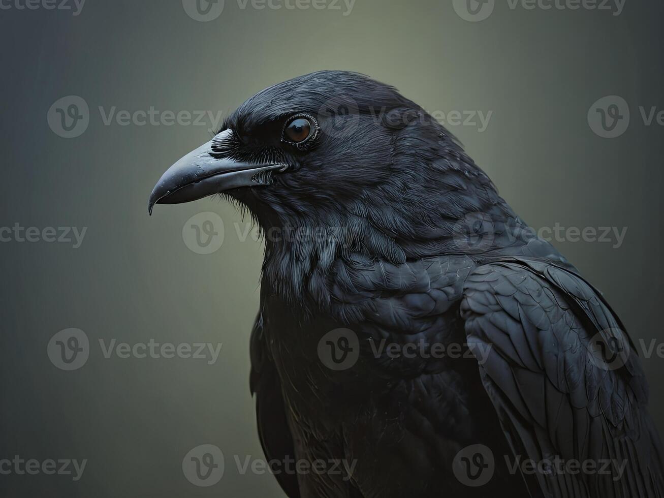 Side profile of a black raven with a solemn expression photo