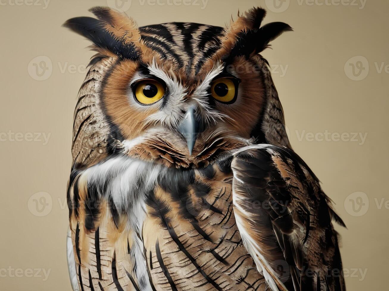 Close-Up Portrait of a Great Horned Owl with Intense Yellow Eyes photo