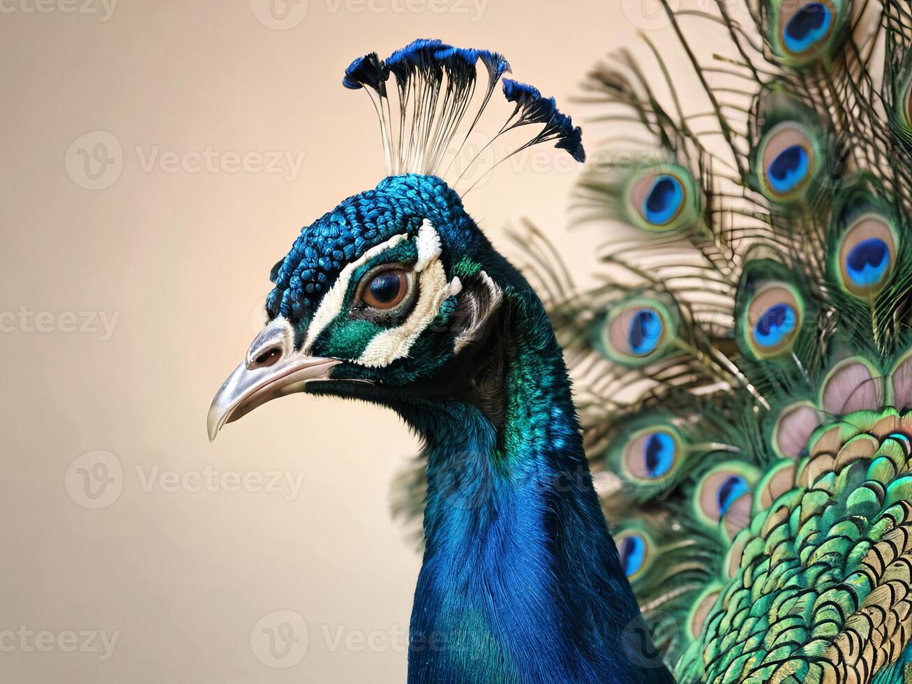 Close-up of a peacock with a striking crown of feathers against a beige background photo