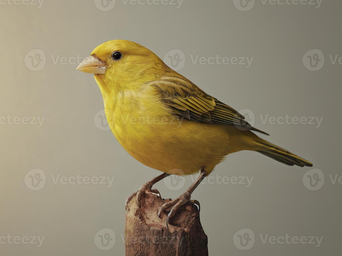 Yellow Canary Perched on a Wooden Branch with a Plain Background photo