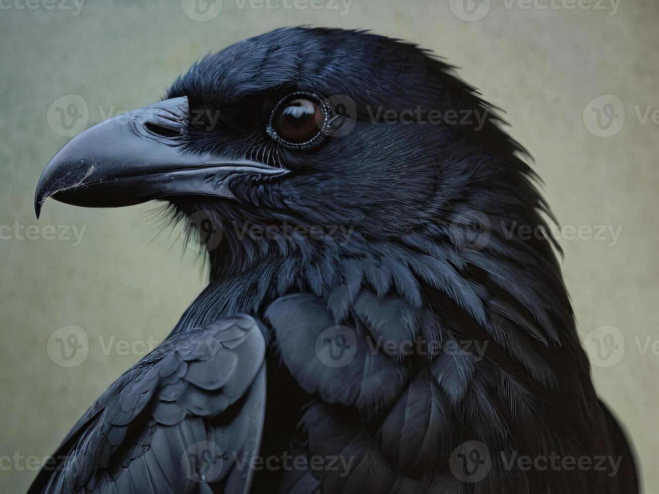 Close-Up of a Raven with Glossy Black Feathers and Intense Gaze photo