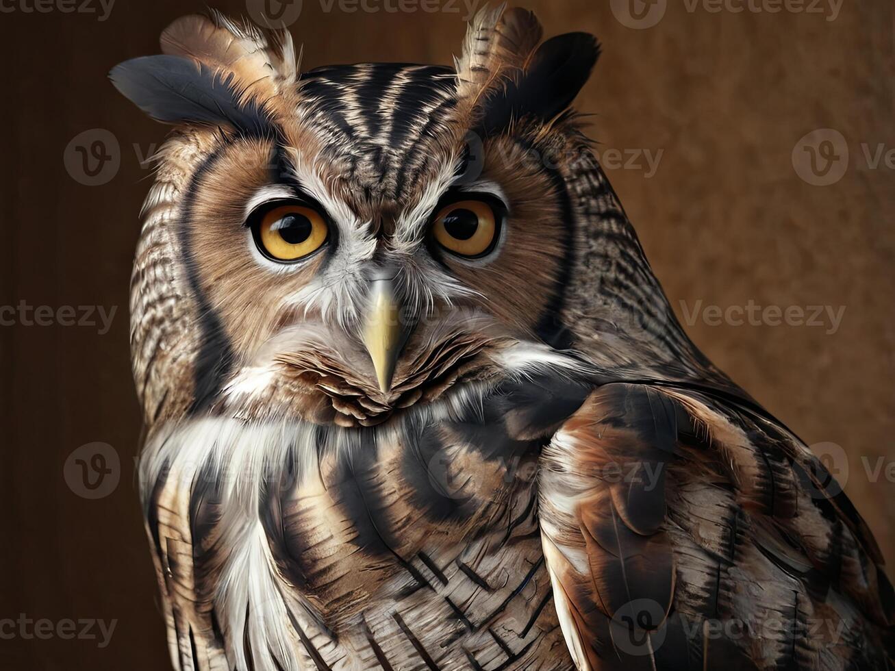 Close-Up Portrait of a Great Horned Owl with Intense Yellow Eyes photo