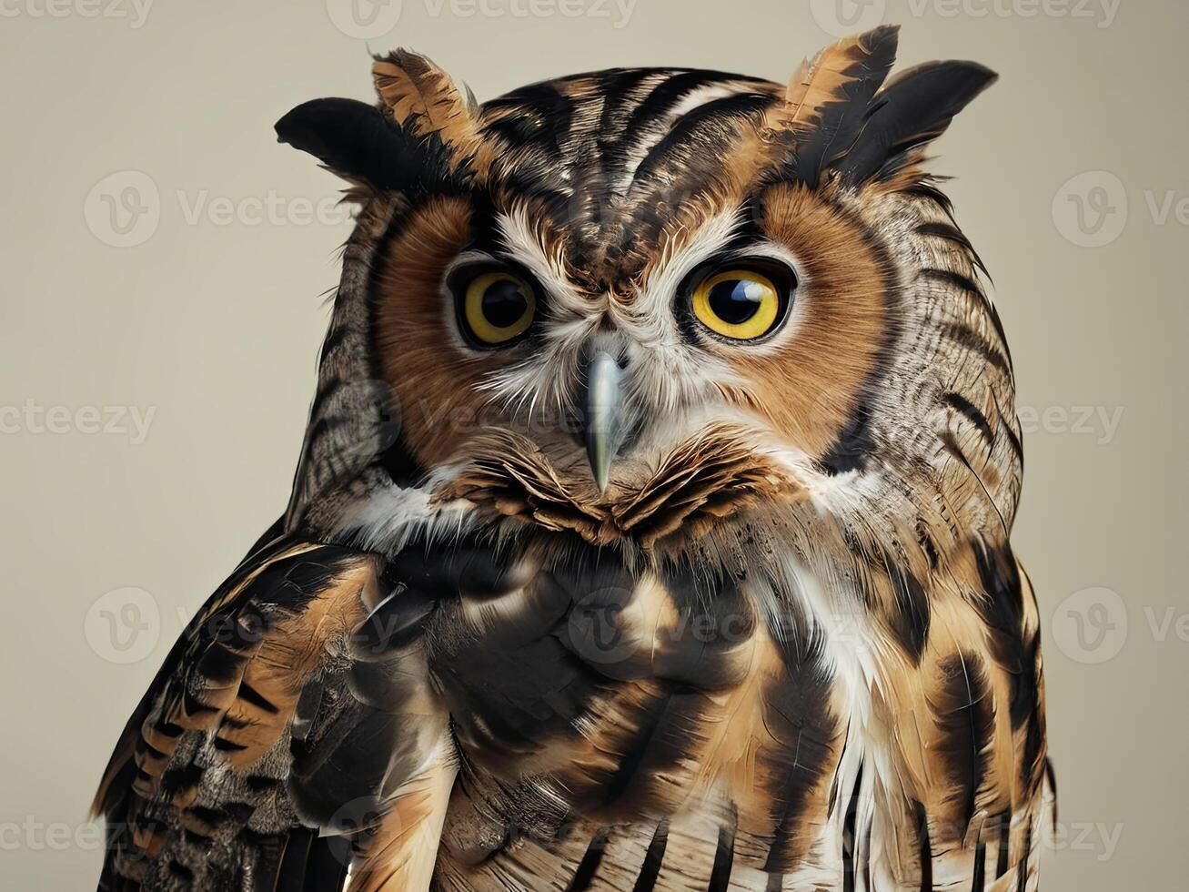 Close-Up Portrait of a Great Horned Owl with Intense Yellow Eyes photo