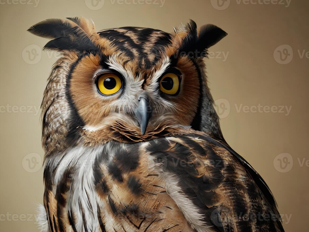 Close-Up Portrait of a Great Horned Owl with Intense Yellow Eyes photo