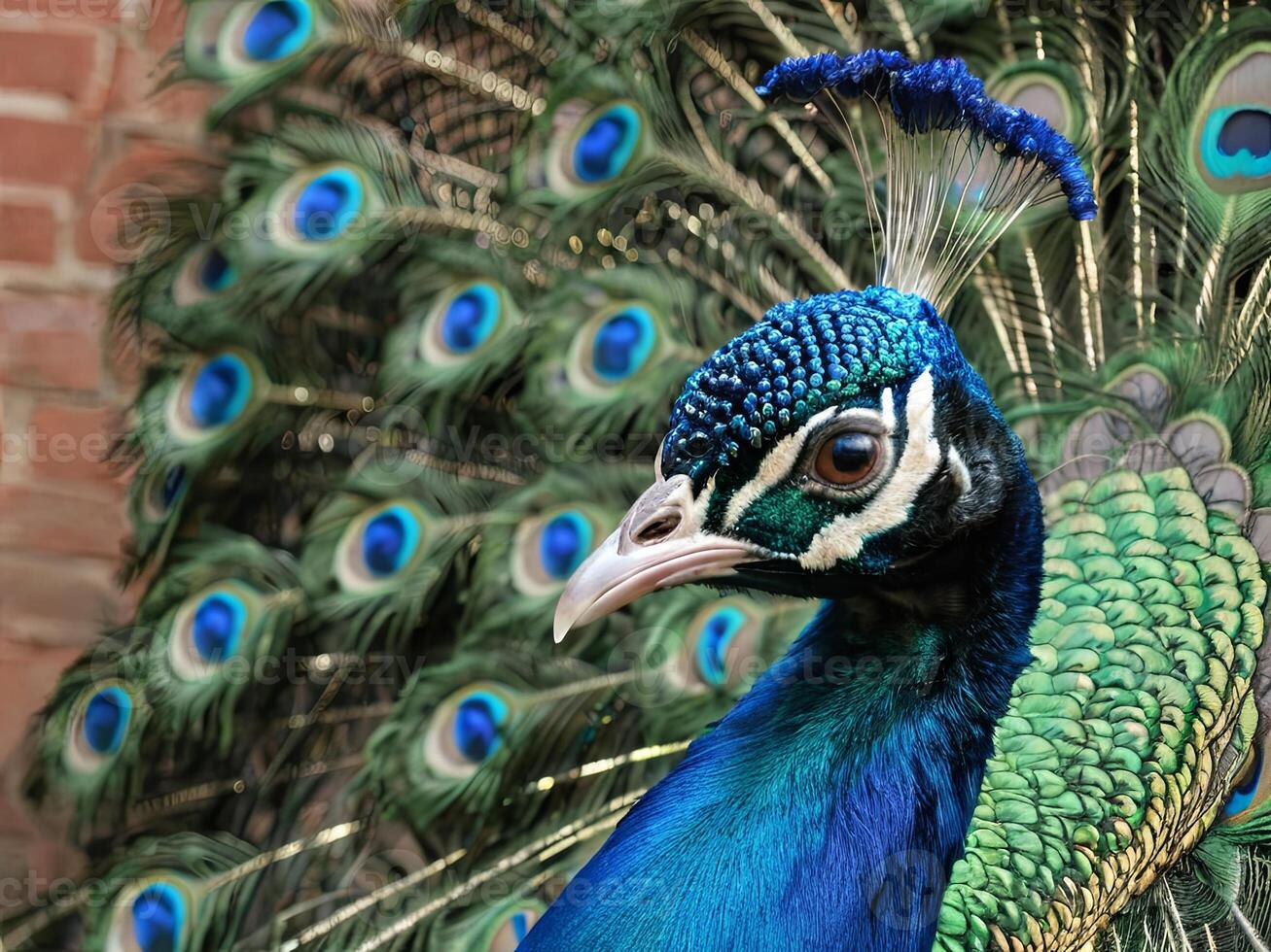 Close-up portrait of a peacock with vibrant plumage against a brick background photo