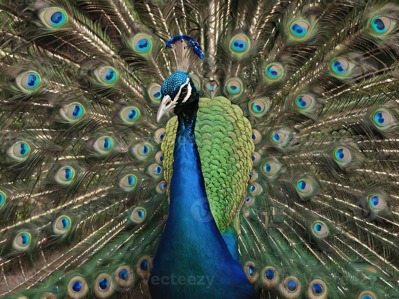 Peacock with vibrant feathers fully fanned out showcasing its colorful plumage photo