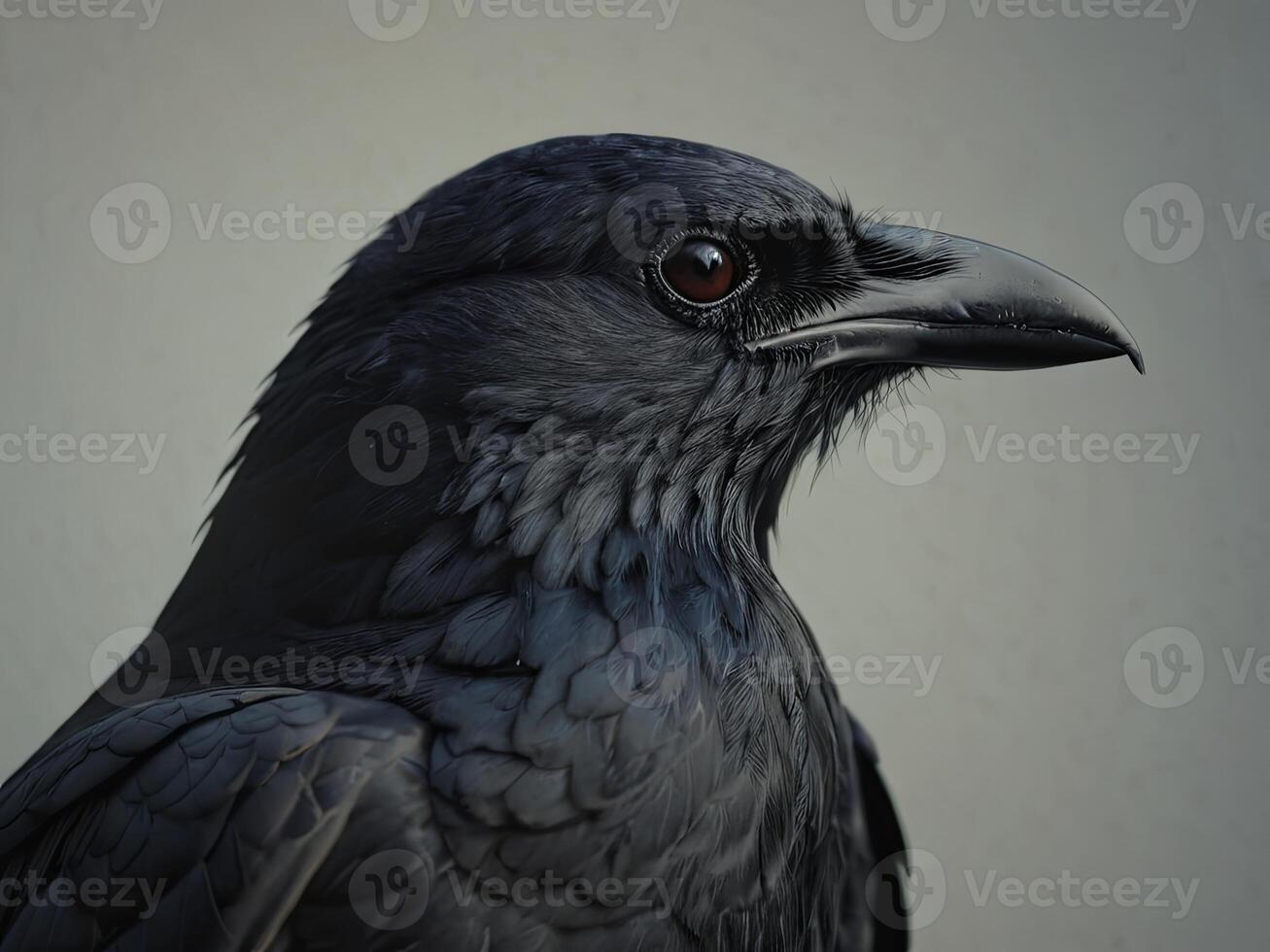 Close-up profile of a black raven with glossy feathers photo