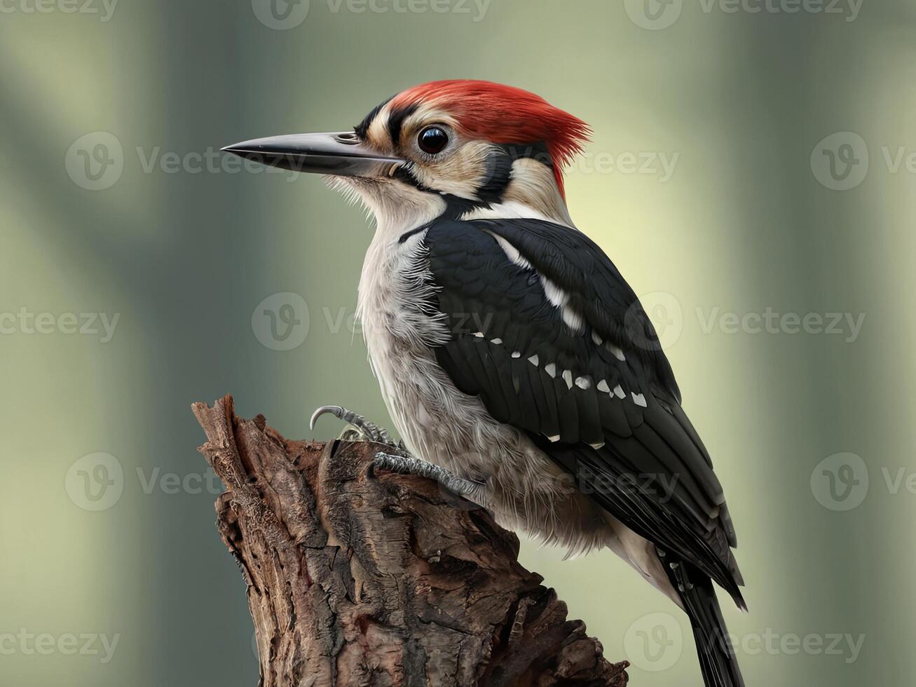 Close-Up of a Woodpecker with Red Cap and Black and White Feathers photo