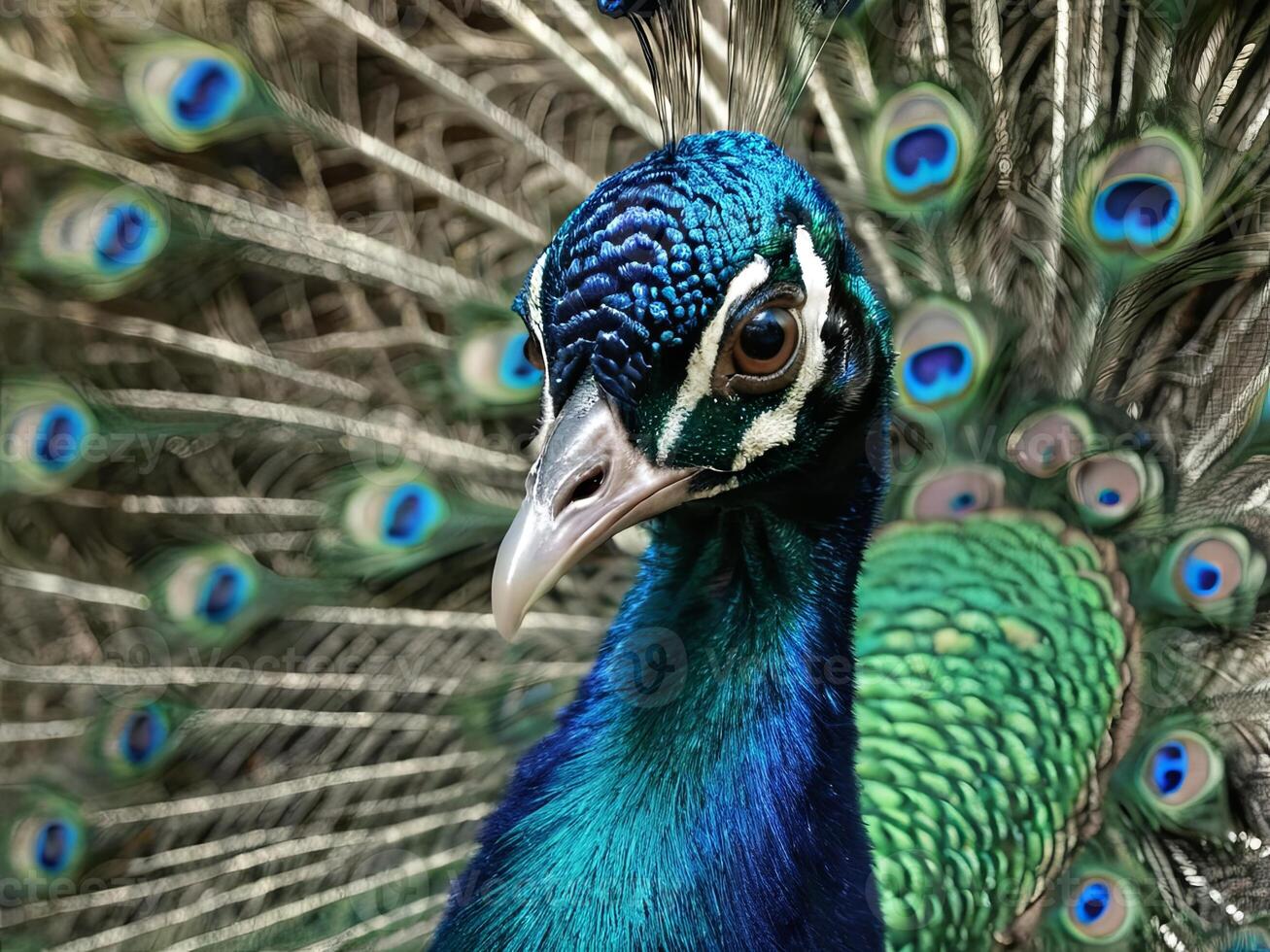 Peacock displaying its vibrant blue and green feathers in full fan photo