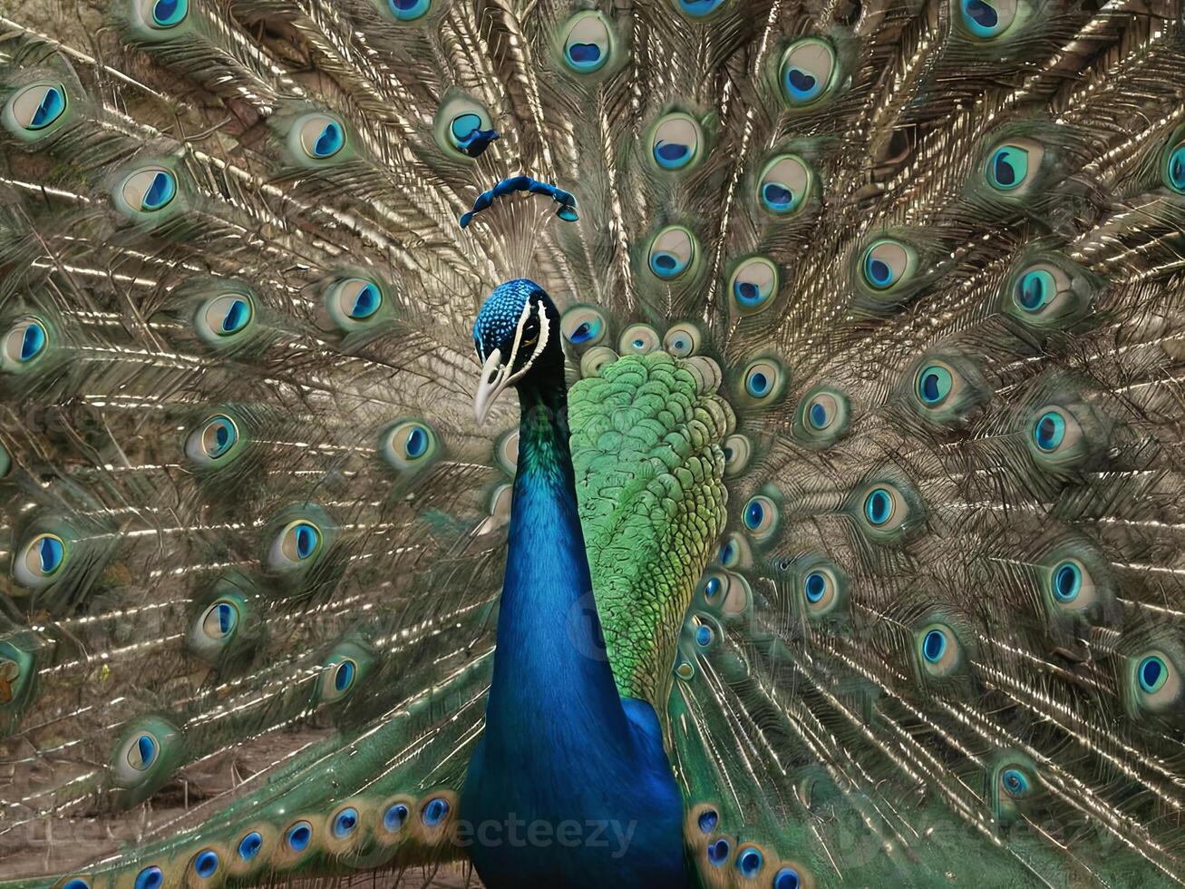 Peacock with vibrant feathers fully fanned out showcasing its colorful plumage photo