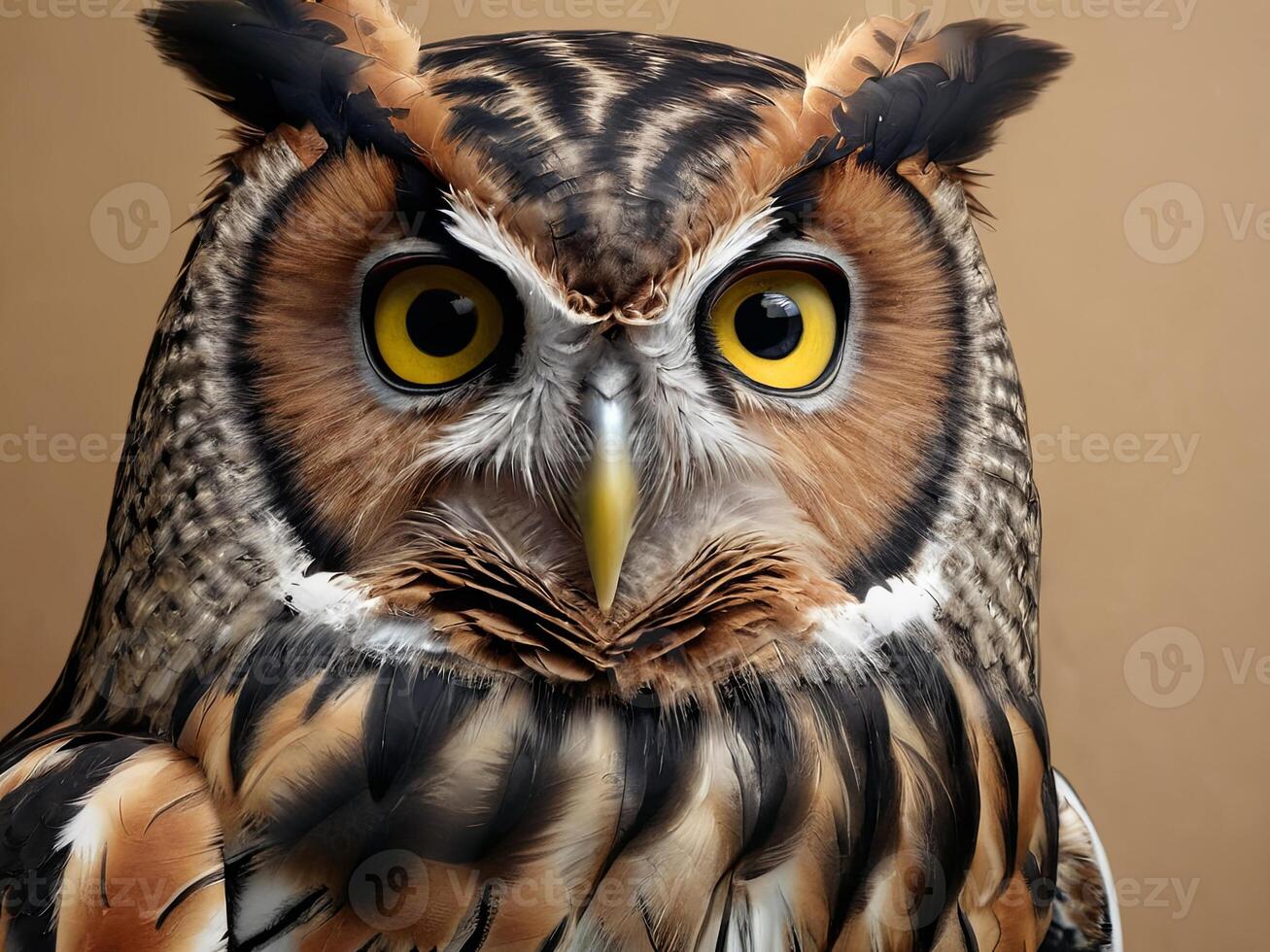 Close-Up Portrait of a Great Horned Owl with Intense Yellow Eyes photo