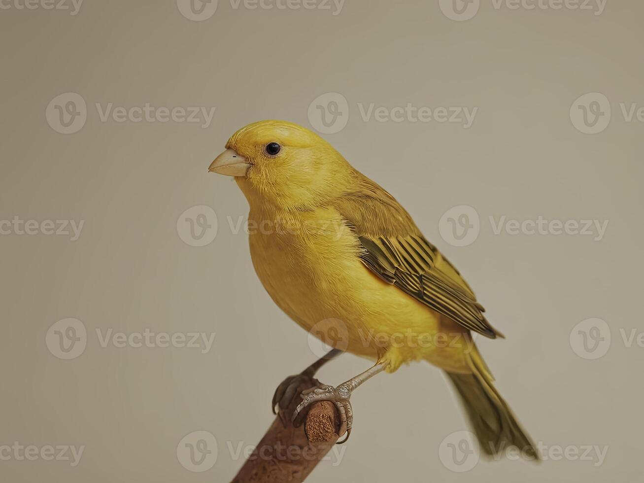 Yellow Canary Perched on a Wooden Branch with a Plain Background photo