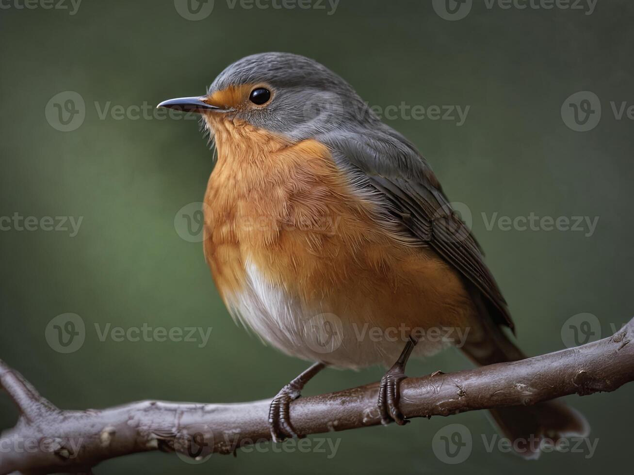 European robin perched on a branch with green background photo