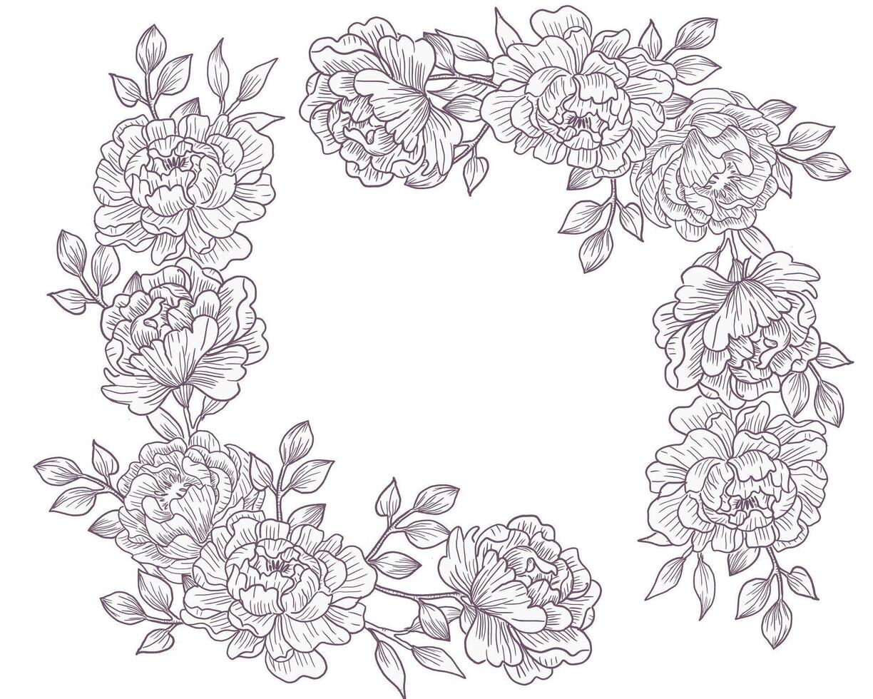 Hand Drawn Peony and Leaves Flower Wreath vector