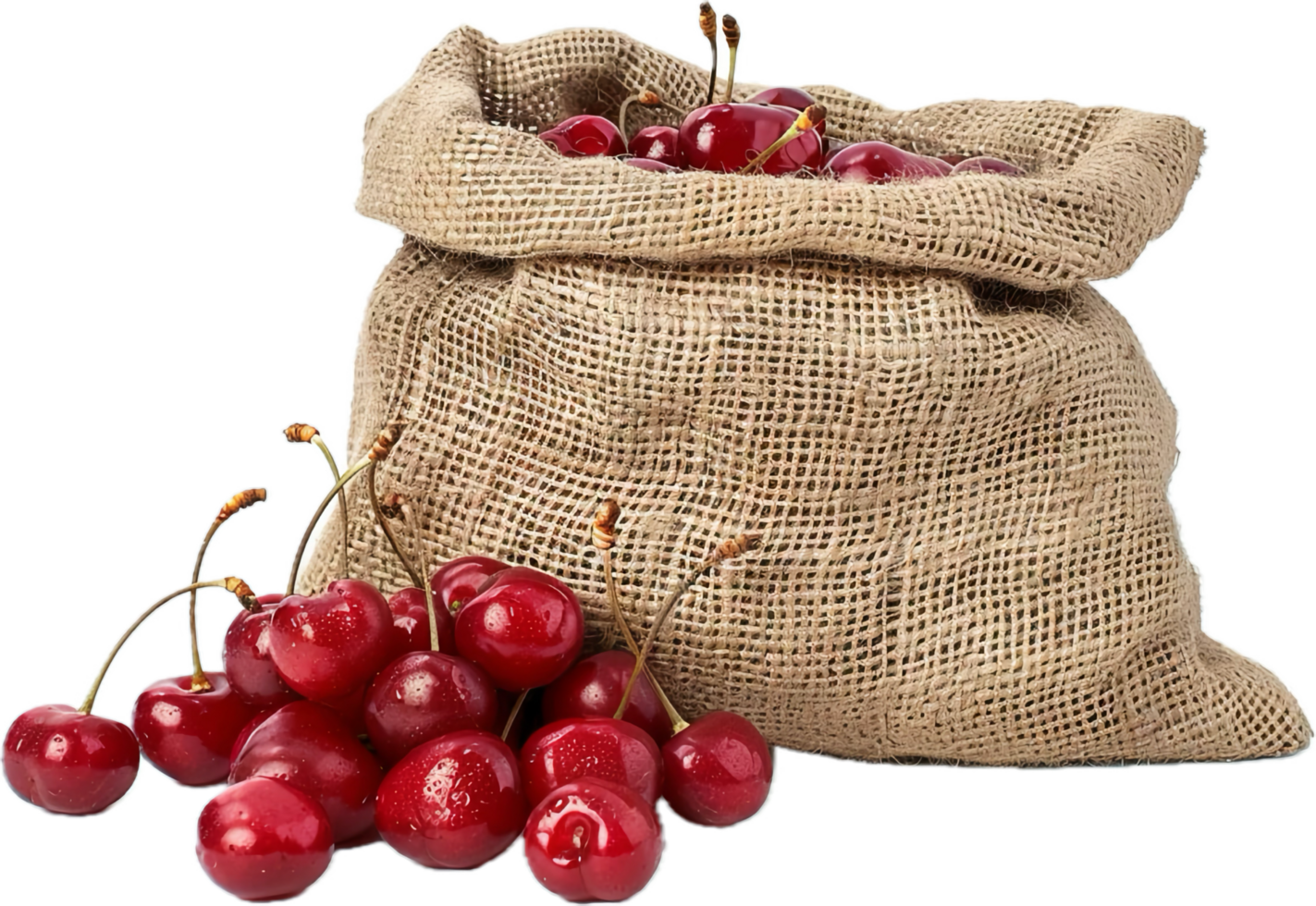 Fresh Red Cherries in Burlap Sacks. png