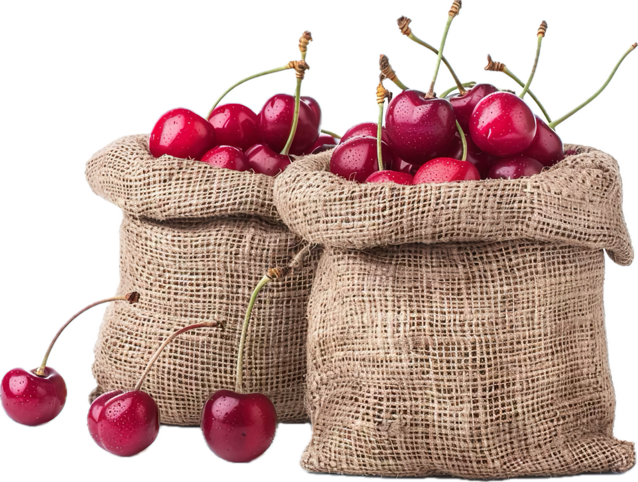 Fresh Red Cherries in Burlap Sacks. png