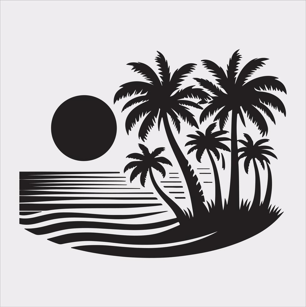 palm tree beach silhouette on white background vector