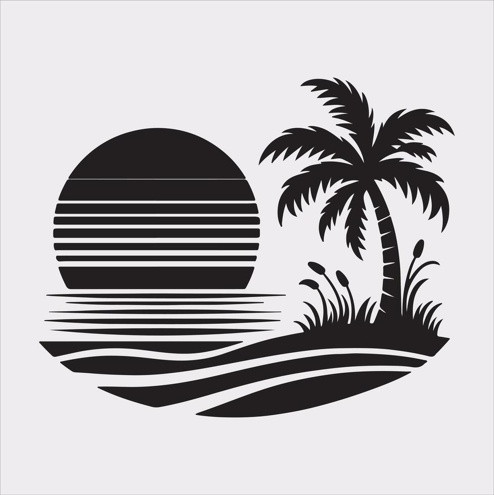 palm tree beach silhouette on white background vector