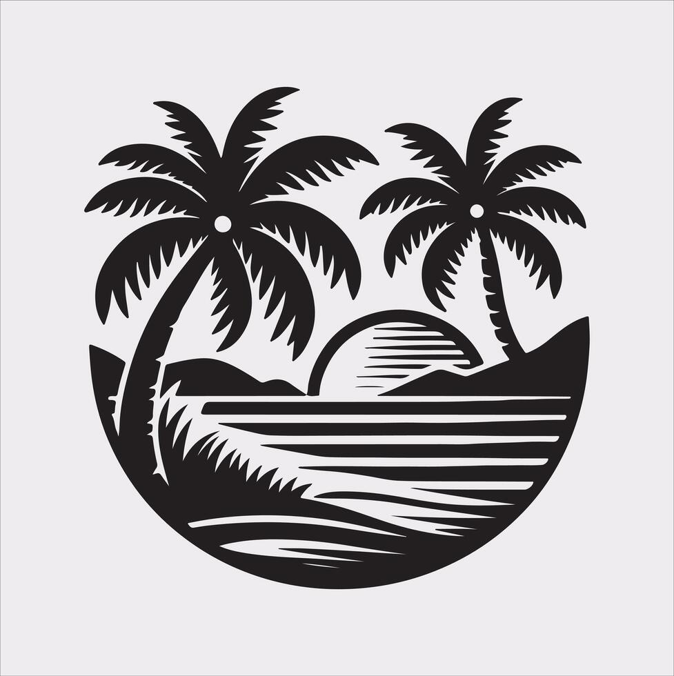 palm tree beach silhouette on white background vector