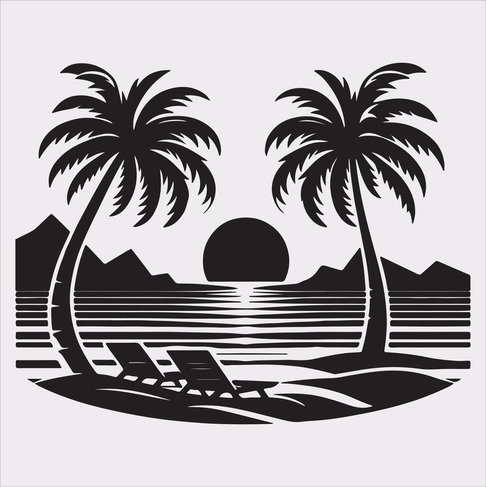 palm tree beach silhouette on white background vector