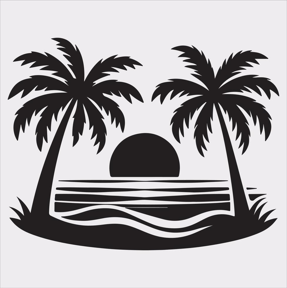 palm tree beach silhouette on white background vector