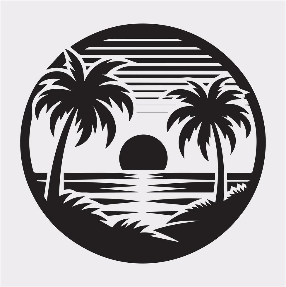 palm tree beach silhouette on white background vector