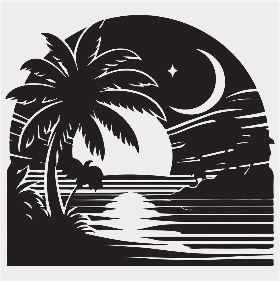 palm tree beach silhouette on white background vector