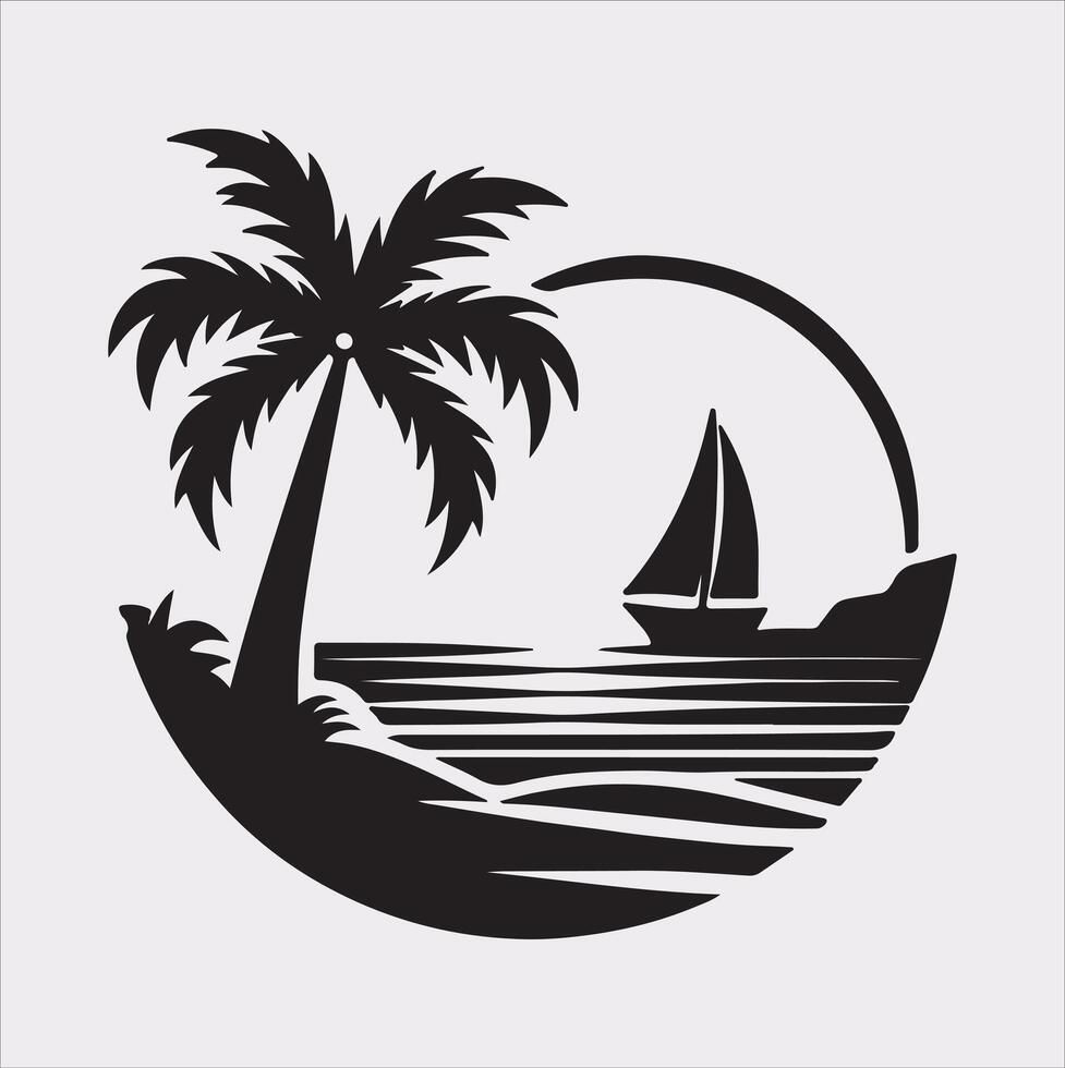 palm tree beach silhouette on white background vector