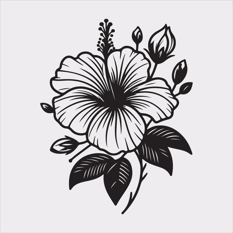 hibiscus flower line art silhouette on white background vector