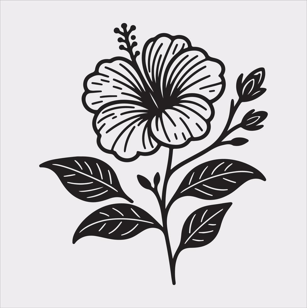 hibiscus flower line art silhouette on white background vector