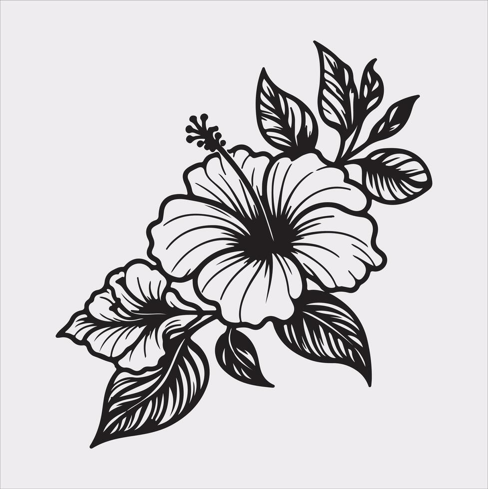 hibiscus flower line art silhouette on white background vector