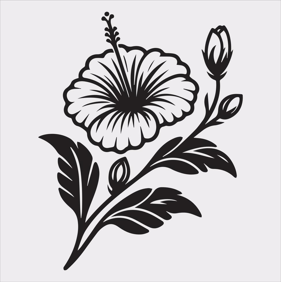 hibiscus flower line art silhouette on white background vector