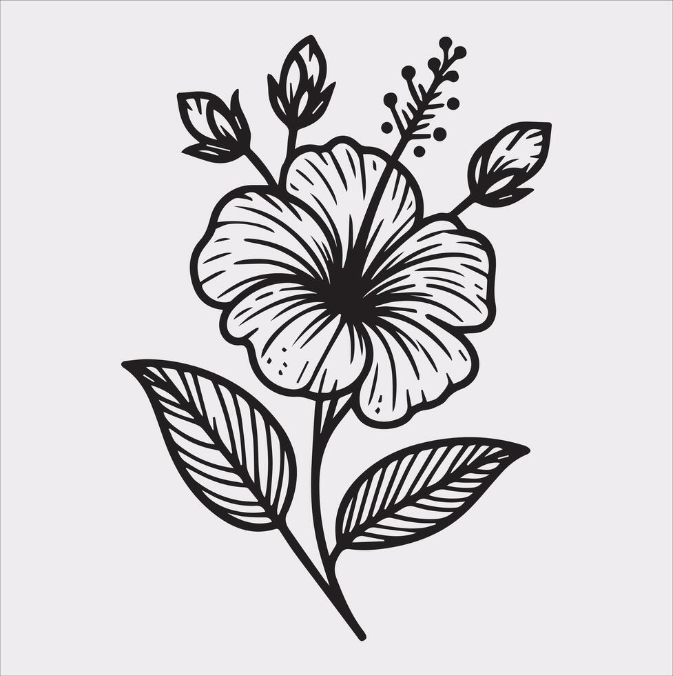 hibiscus flower line art silhouette on white background vector