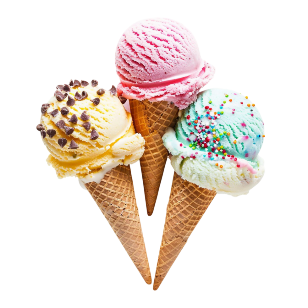 três gelo creme cones com diferente cores em uma transparente fundo. png