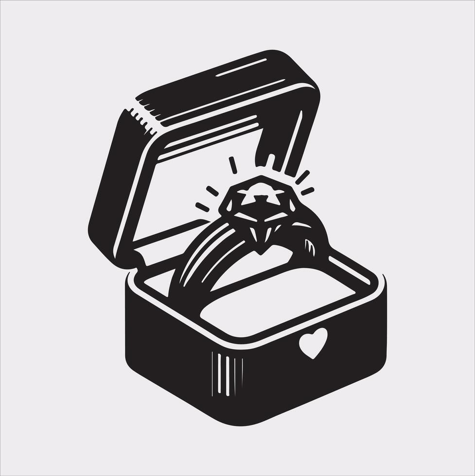 Diamond ring in gift box symbol of love, a sign of a marriage proposal. Jewelry silhouette on white background vector