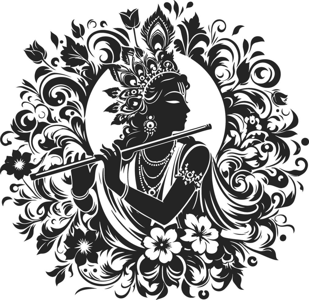Exquisite Black Silhouette Art of Lord Krishna in Divine Serenity vector