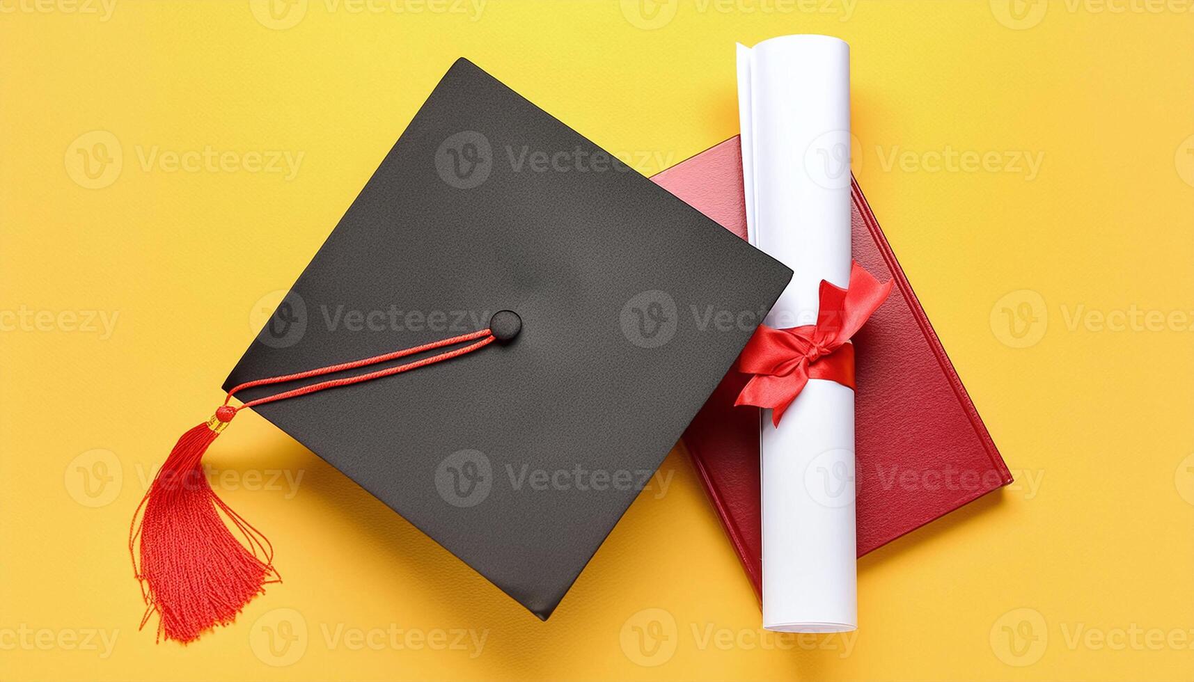a graduation cap and diploma on a yellow background photo