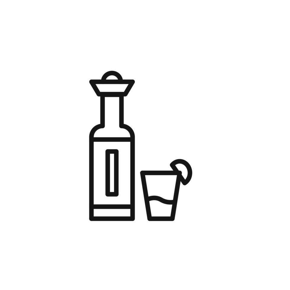 Tequila bottle and glass icon outline collection in black vector