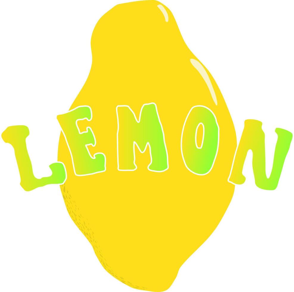 A large yellow lemon with a juicy greenish inscription on the front of the word lemon. illustration vector