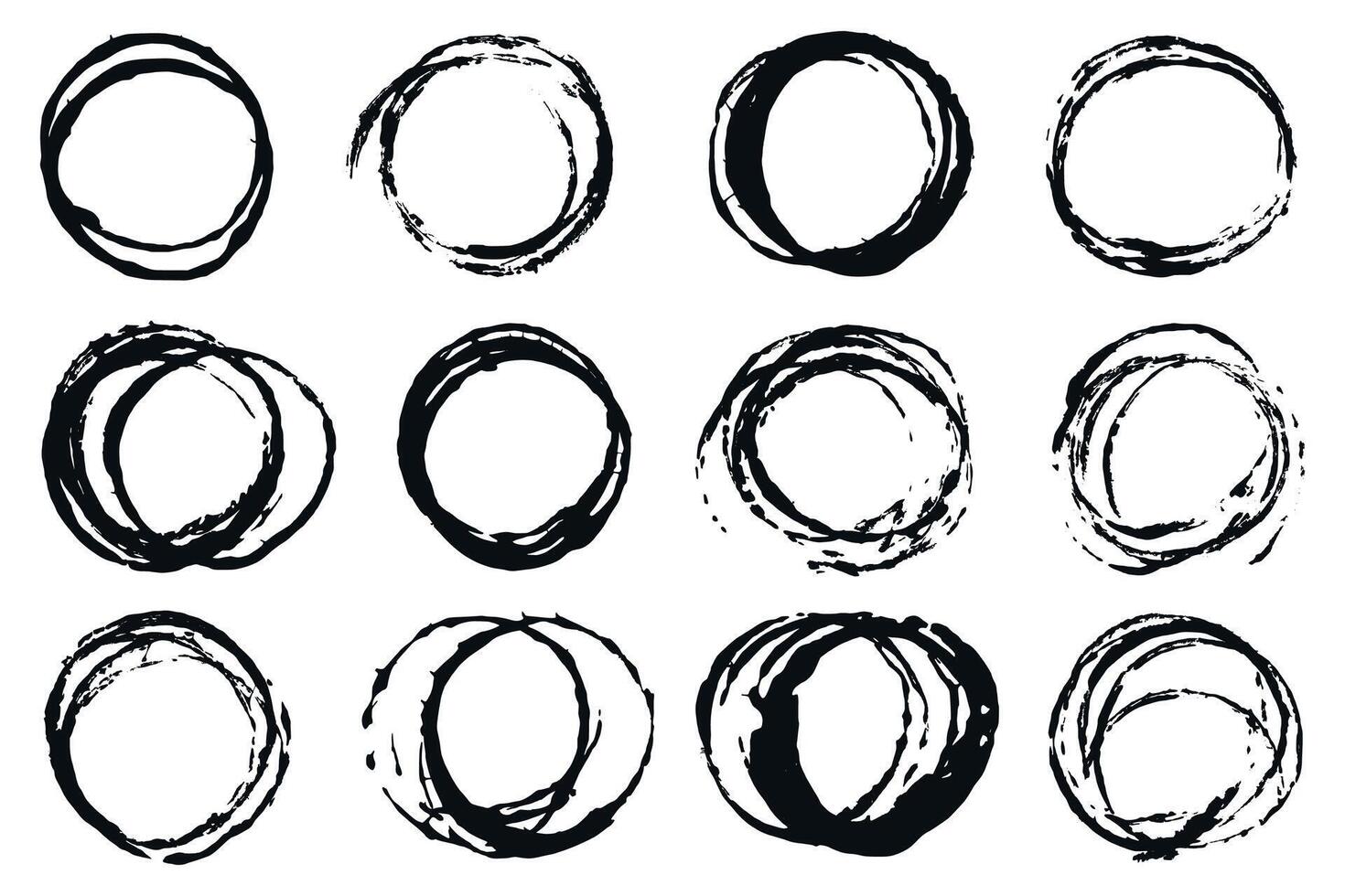 Grunge round circles. Hand draw grunge brush stroke paint circles set vector