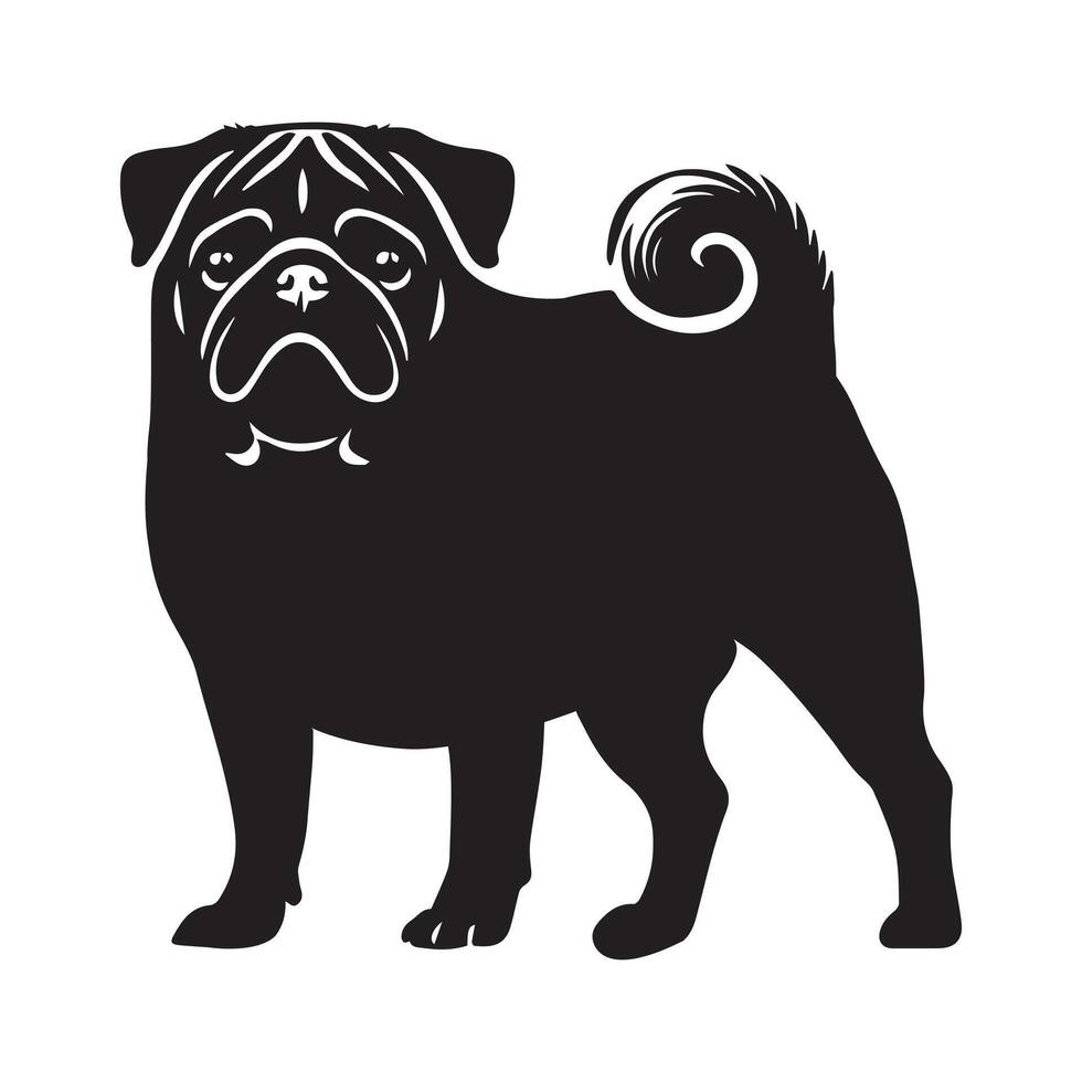 Pug dog silhouette Design, Dog Clipart illustration in black and white vector