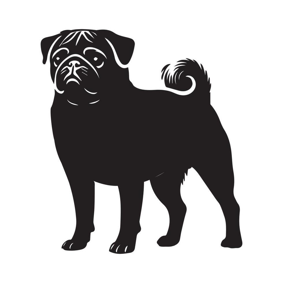 Pug dog silhouette Design, Dog Clipart illustration in black and white vector