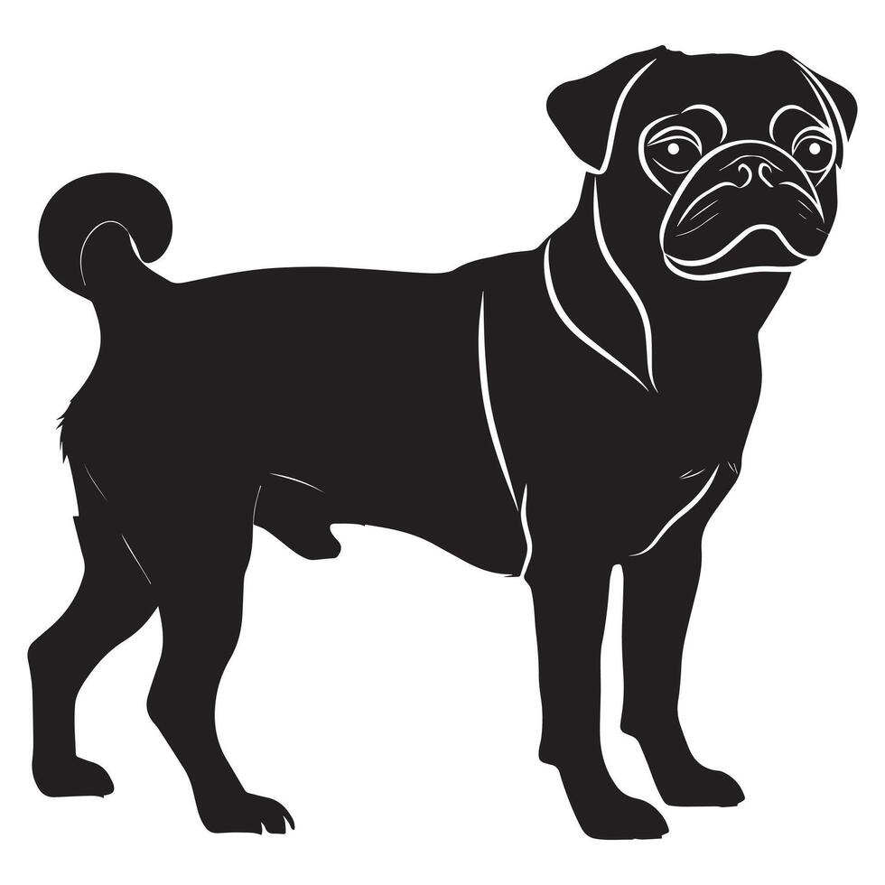 Pug dog silhouette Design, Dog Clipart illustration in black and white vector