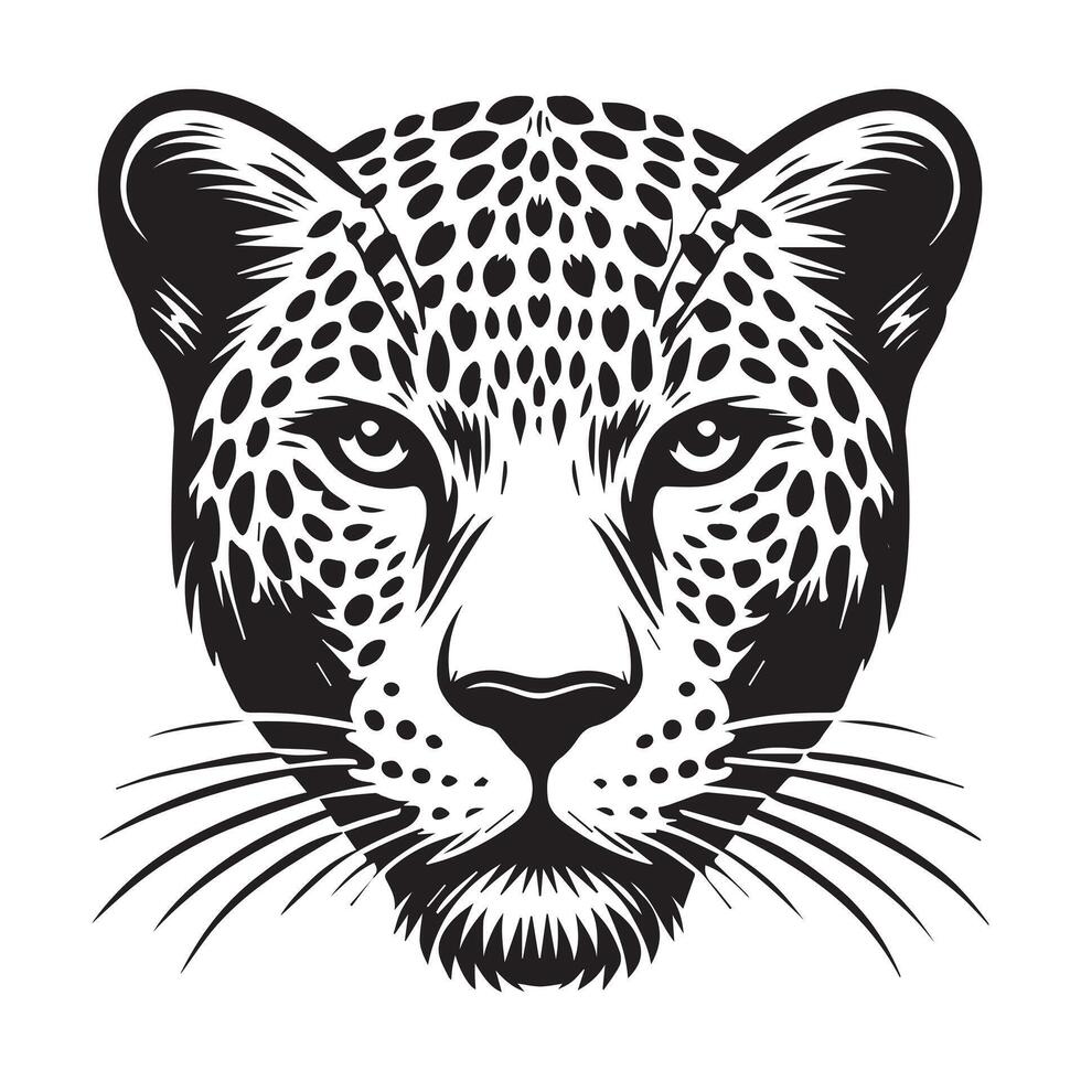 Leopard Face Logo, Panthera pardus Head Clipart illustration in black and white vector