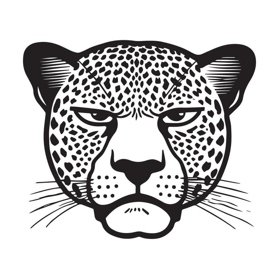 Leopard Face Logo, Panthera pardus Head Clipart illustration in black and white vector