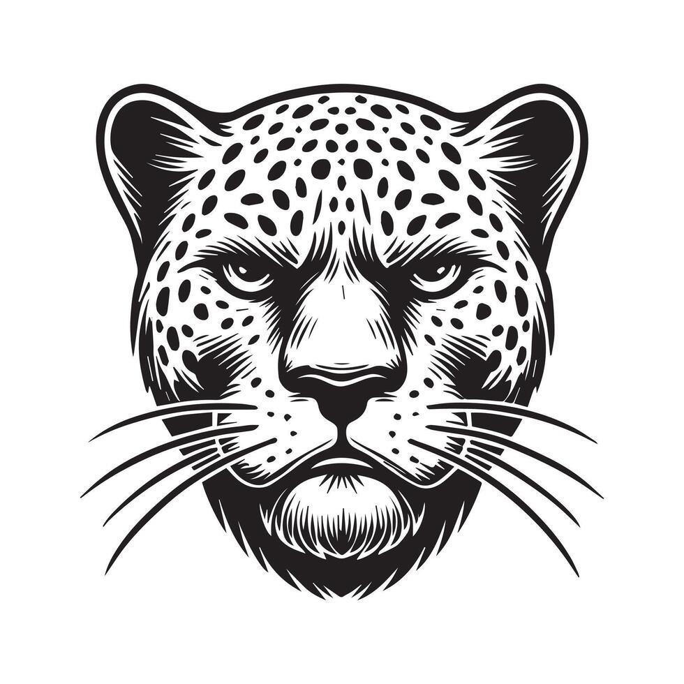 Leopard Face Logo, Panthera pardus Head Clipart illustration in black and white vector