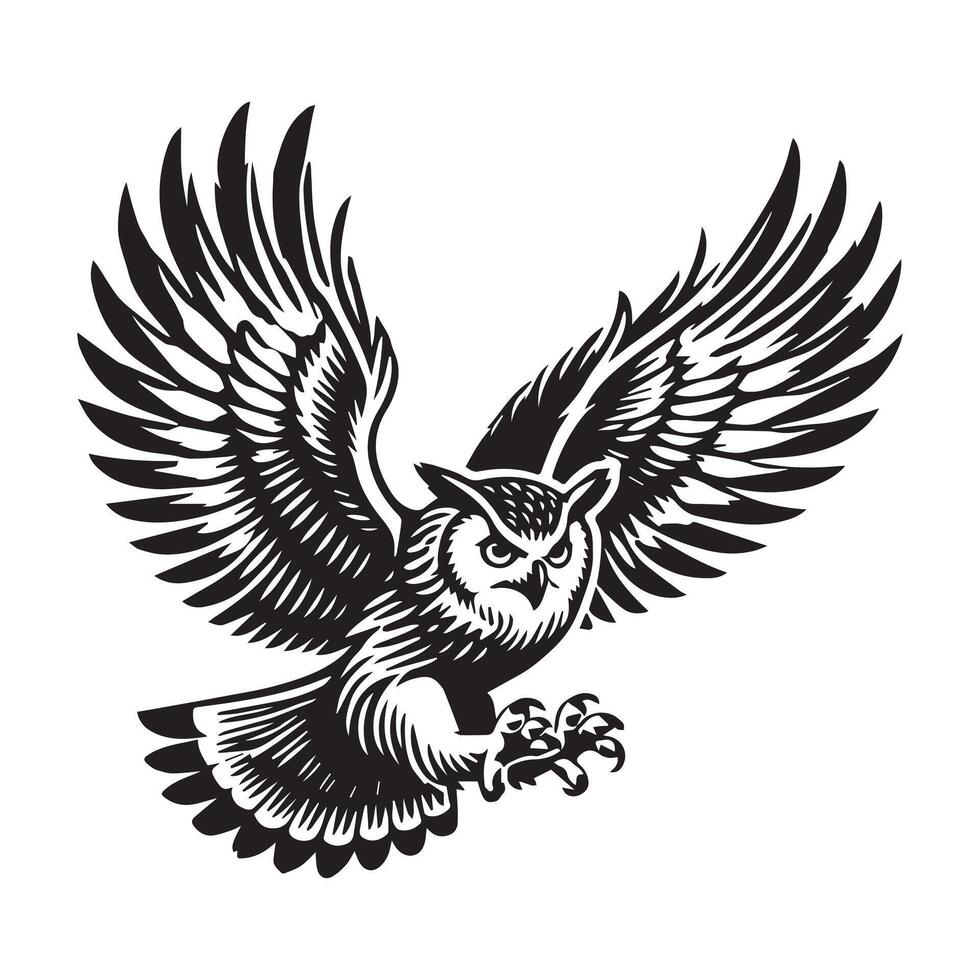 Strigiformes Outline Design - An Owl Taking Flight illustration in black and white vector