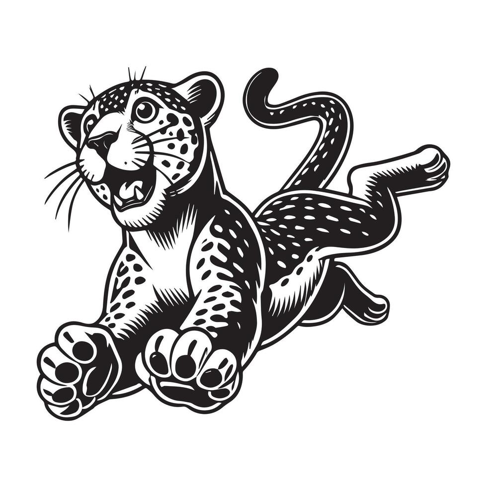 Leopard Clipart - A Leopard Playful Pounce illustration in black and white vector