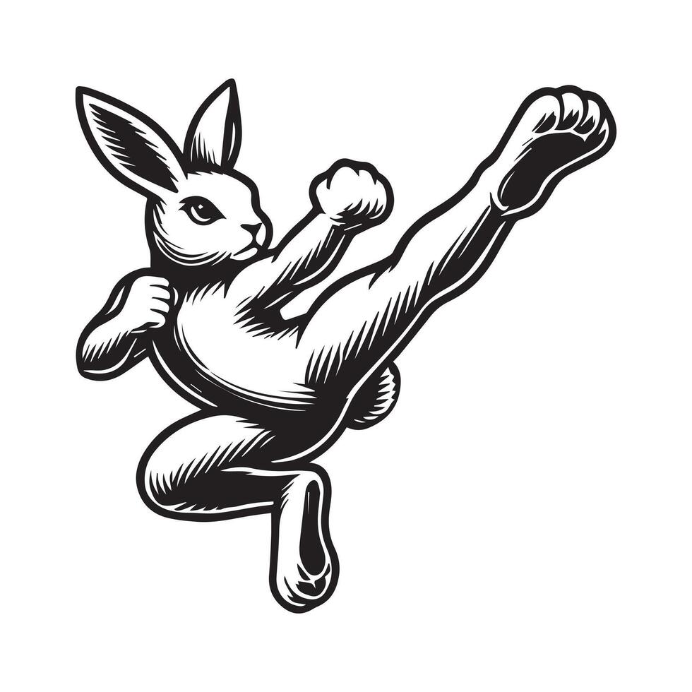 Bunny Outline Clipart - A Rear Leg Kick Rabbit illustration in black and white vector